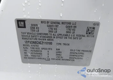 2016 GMC Sierra 1500 Slt z USA, uszkodzony, nr VIN 1GTV2NEC9GZ110180